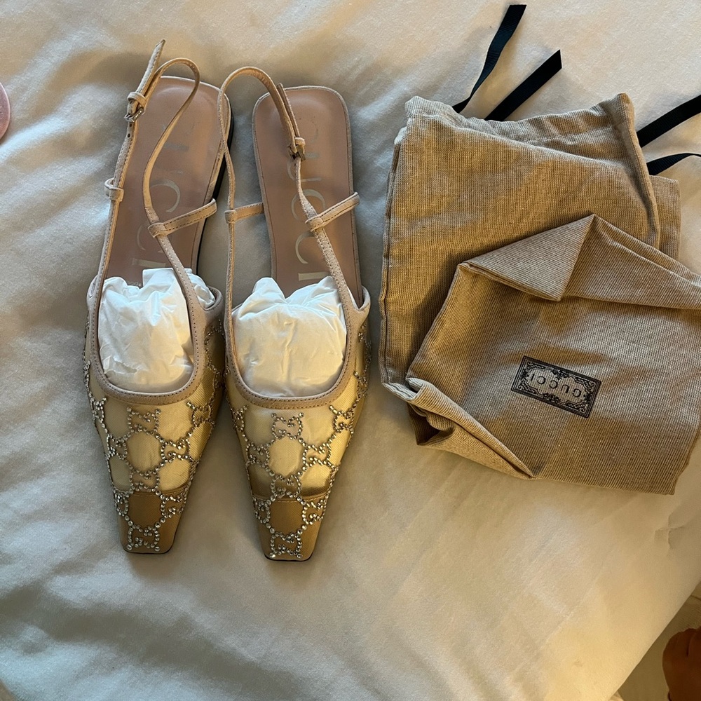 Gucci Gold-Beige Crystal Embellished Slingback Heels